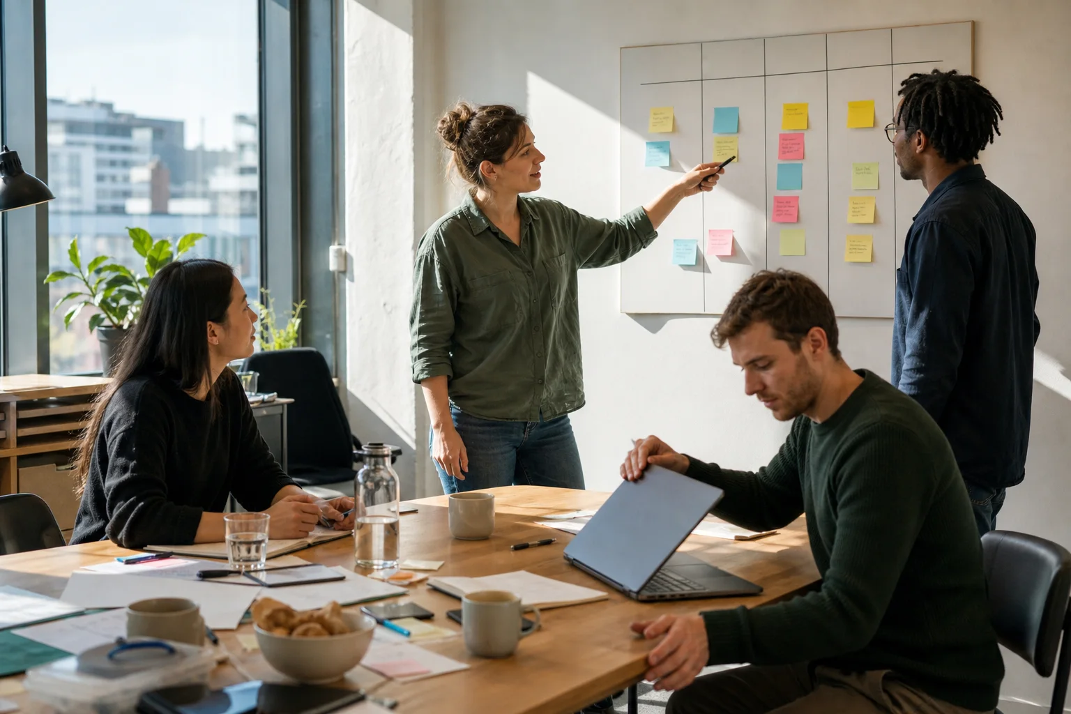 A team collaborating in a bright office