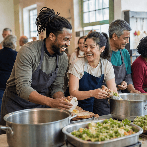 A fictional musician volunteering in a community kitchen