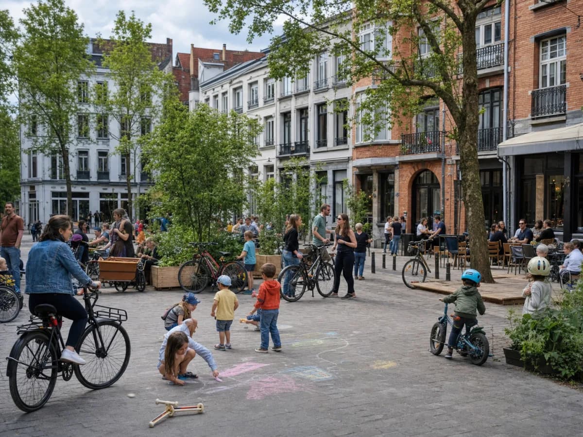 Families and cyclists enjoying a car-free neighbourhood square in Brussels