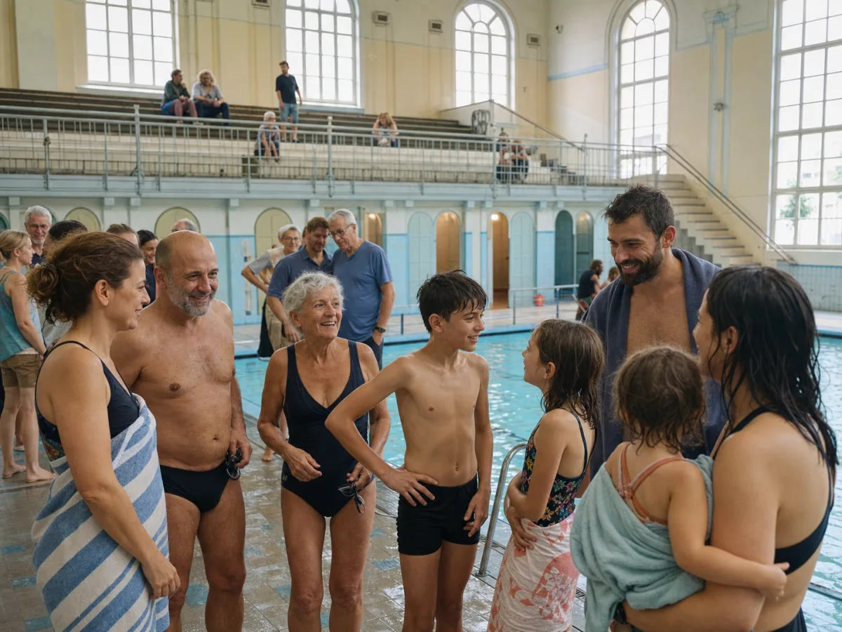 Local swimmers gathering beside a restored neighbourhood pool