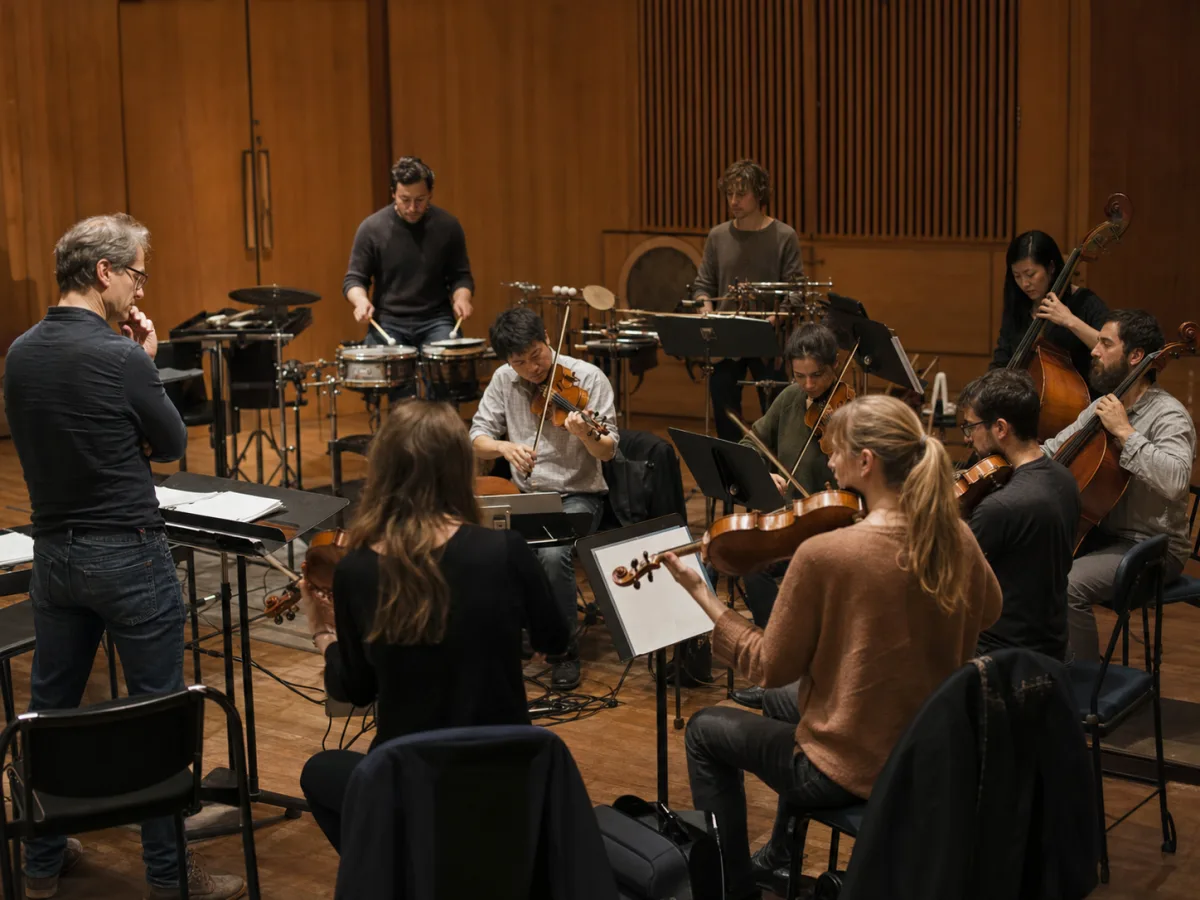A chamber orchestra rehearsing in a warm concert hall