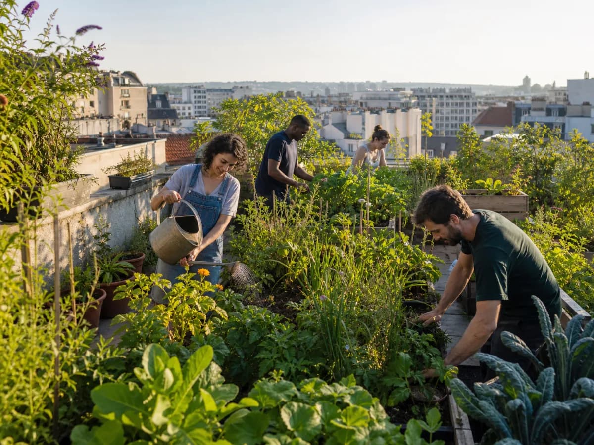 Residents tending a rooftop garden in a European city