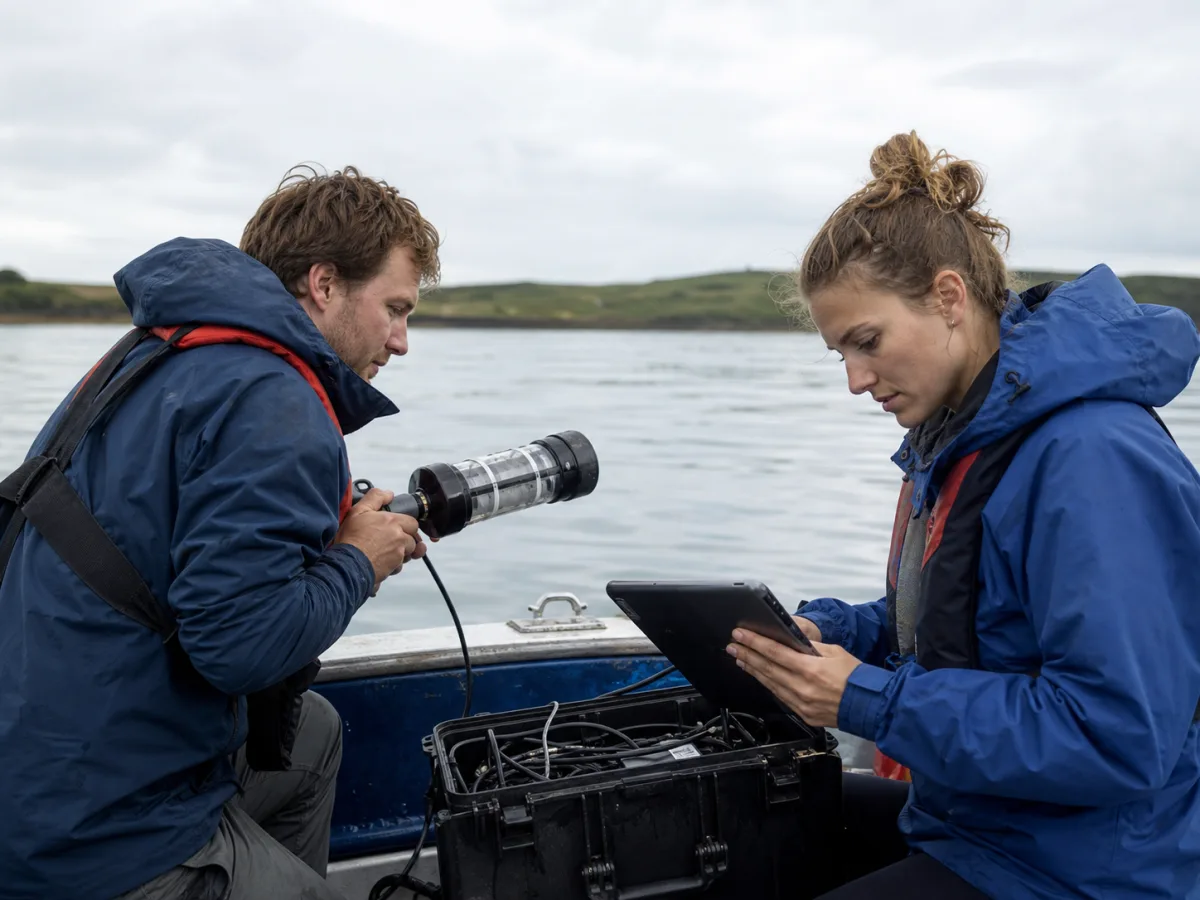 Marine researchers working with acoustic equipment on a small boat
