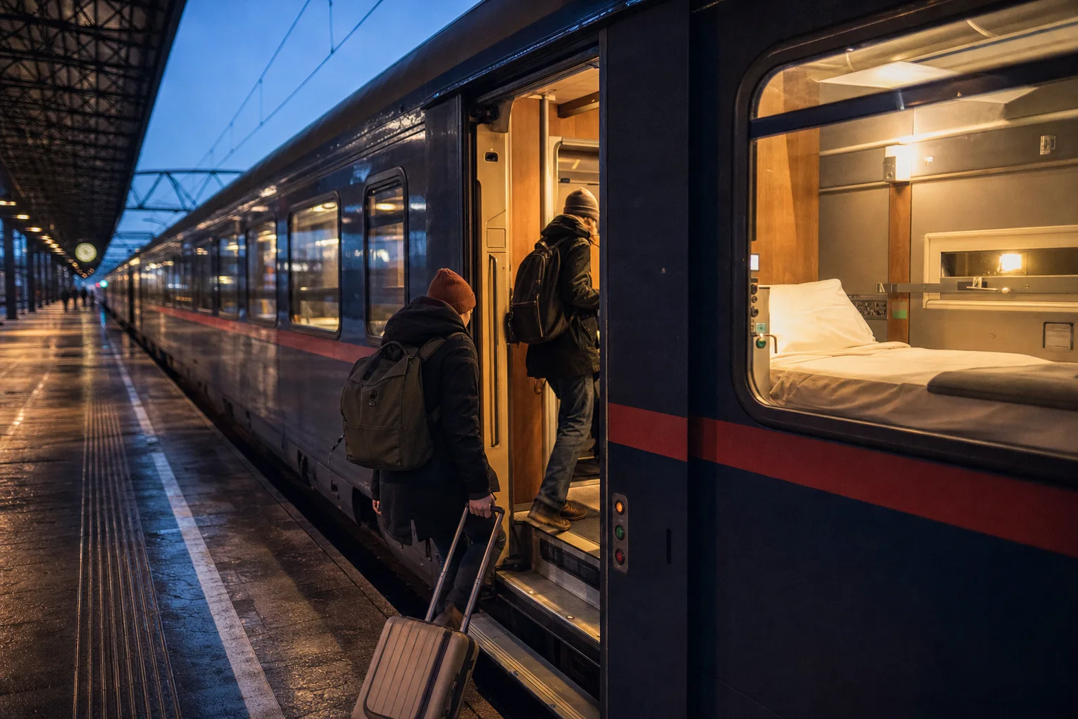 A sleeper train waiting at a station